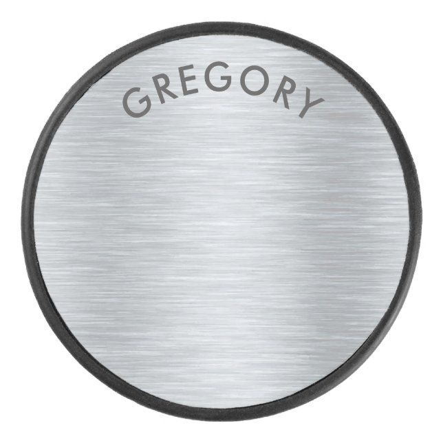 Personalised metallic grey texture monogram hockey puck (Front)