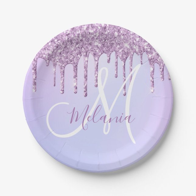 Personalised Metallic Purple Drip Lavender Pour   Paper Plate (Front)