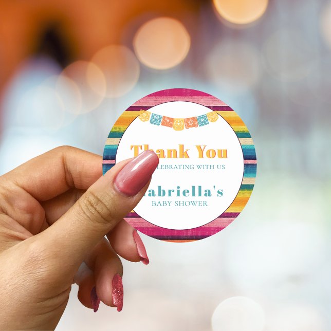 Personalised Mexican Fiesta Striped Baby Shower Classic Round Sticker (Creator Uploaded)