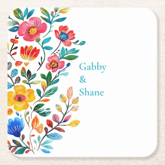 Personalised Mexican Floral  Square Paper Coaster (Front)