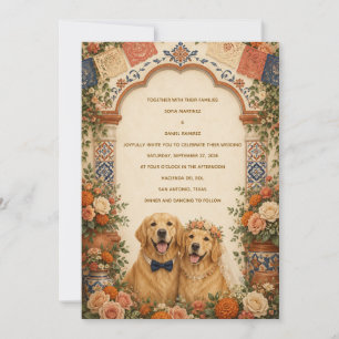 Personalised Mexican Folk Art Golden Retriever Wed Invitation