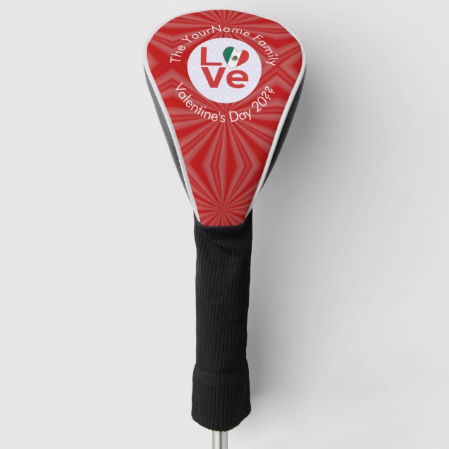 Personalised Mexican Red LOVE Flag Golf Head Cover (Front)