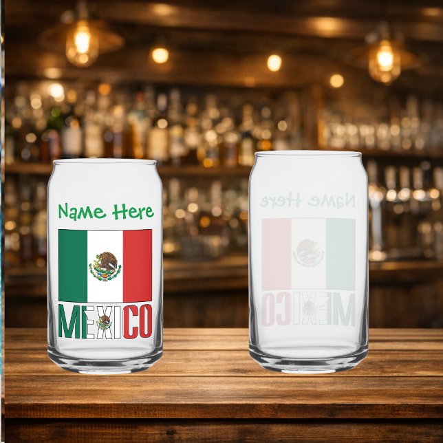 Personalised Mexico Flag Can Glass (Personalized can glass has Mexican Flag and MEXICO in flag colors. Add a name above. Design on front)