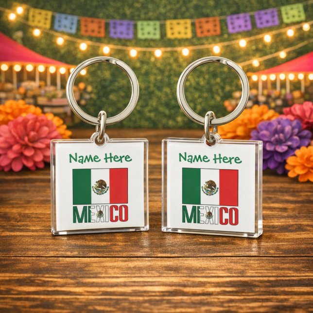Personalised Mexico Flag Square Acrylic Key Ring (Personalized acrylic square keychain with Mexican flag and MEXICO, Name in green text above.)
