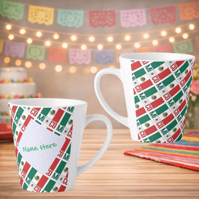 Personalised Mexico Flag Tiled Latte Mug (Personalized latte mug, tiled Mexican Flag, MEXICO below in flag colors. White fractal holds name.)