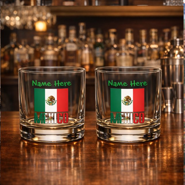Personalised Mexico Flag  Whiskey Glass (Personalized whiskey glasses have Mexican Flag and MEXICO in flag colors. Add name above.)