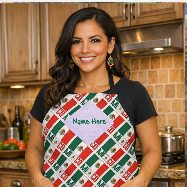 Personalised Mexico Tiled All Over Print  Apron (Personalized apron shows tiled Mexican Flag and MEXICO. Space for a name on the White fractal.)