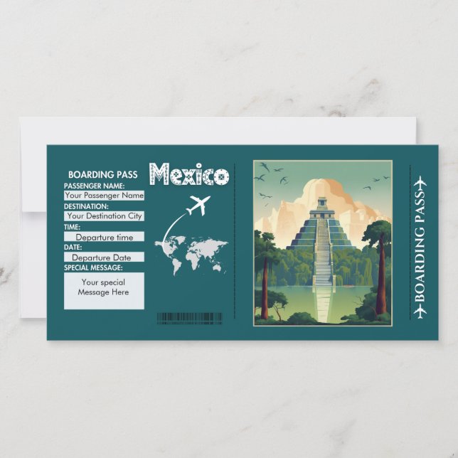 Personalised Mexico Travel Boarding Pass Card  (Front)