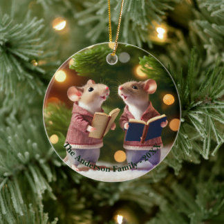 Personalised mice singing a carol ceramic tree decoration