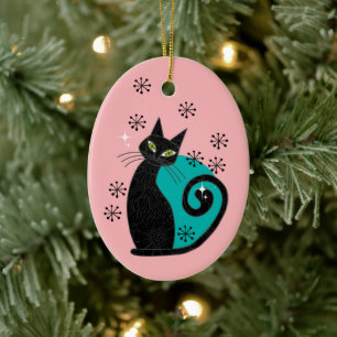 Personalised Mid Century Atomic Cat Christmas Ceramic Tree Decoration