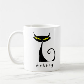 Personalised Mid Century Modern Atomic Black Cat Coffee Mug