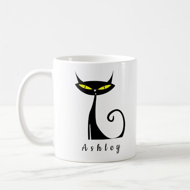 Personalised Mid Century Modern Atomic Black Cat Coffee Mug (Left)