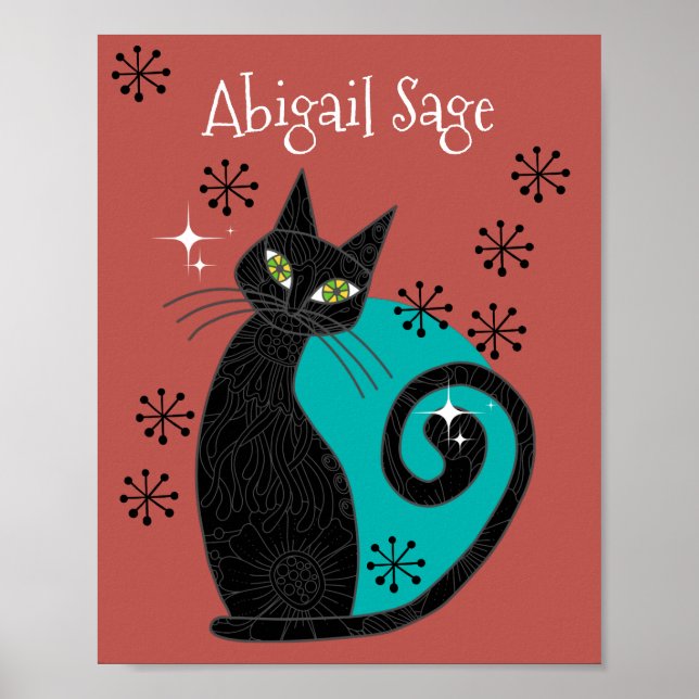 Personalised Mid Century Modern Atomic Cat Retro Poster (Front)