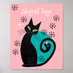 Personalised Mid Century Modern Atomic Cat Retro Poster