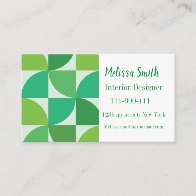Personalised mid century modern geometric green  business card (Front)
