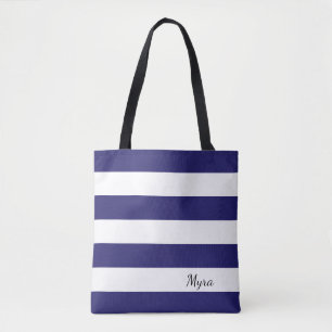Personalised Midnight Blue and White Striped Tote