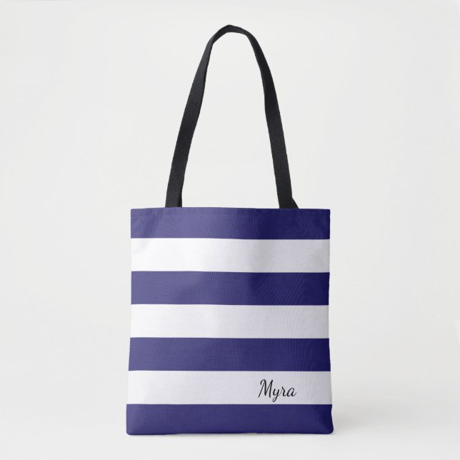 Personalised Midnight Blue and White Striped Tote Bag (Front)