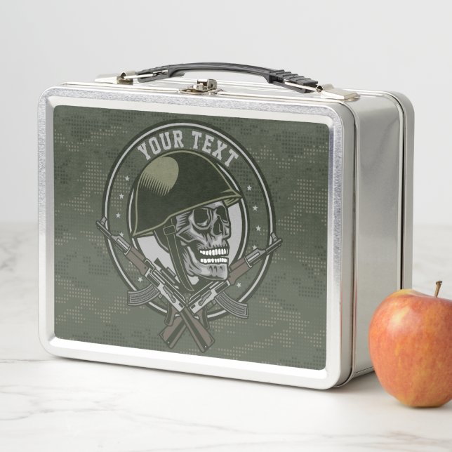 Personalised Military Camo Soldier Skull and Guns Metal Lunch Box (In Situ)
