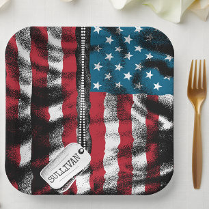 Personalised Military Soldier Dog Tags USA Flag Paper Plate