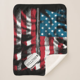 Personalised Military Soldier Dog Tags USA Flag Sherpa Blanket