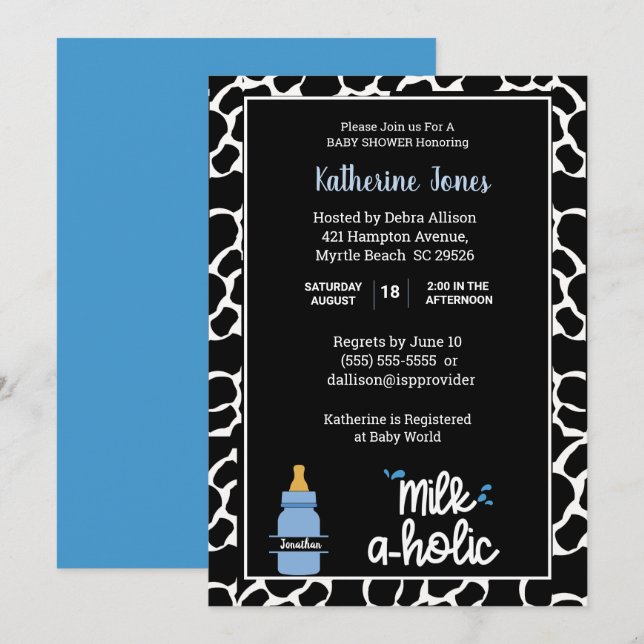 Personalised Milkaholic Cowprint Baby Boy Shower   Invitation (Front/Back)