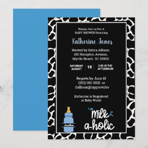 Personalised Milkaholic Cowprint Baby Boy Shower Invitation