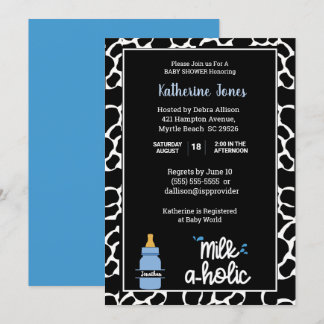 Personalised Milkaholic Cowprint Baby Boy Shower   Invitation