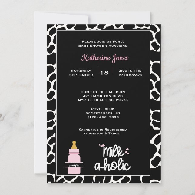 Personalised Milkaholic Cowprint Baby Girl Shower  Invitation (Front)