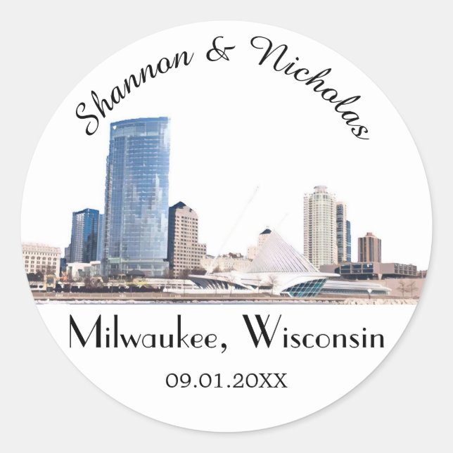 Personalised Milwaukee Skyline Wedding Classic Round Sticker (Front)