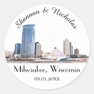 Personalised Milwaukee Skyline Wedding Classic Round Sticker