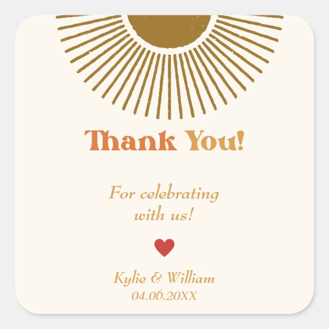 Personalised Minimal Retro Sun Family Thank You Square Sticker (Front)