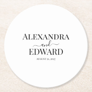 Personalised Minimalist Black and White Wedding Round Paper Coaster