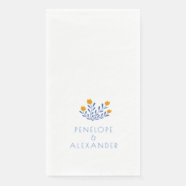 Personalised Minimalist Blue Yellow Flower Wedding Napkin (Front)