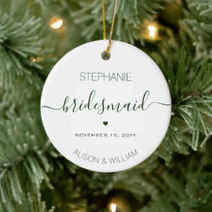 Personalised Minimalist Bridesmaid Dark Green Text Ceramic Tree Decoration