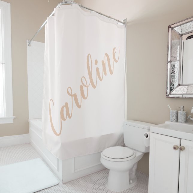 Personalised Minimalist Calligraphy Name Blush Tan Shower Curtain (In Situ)