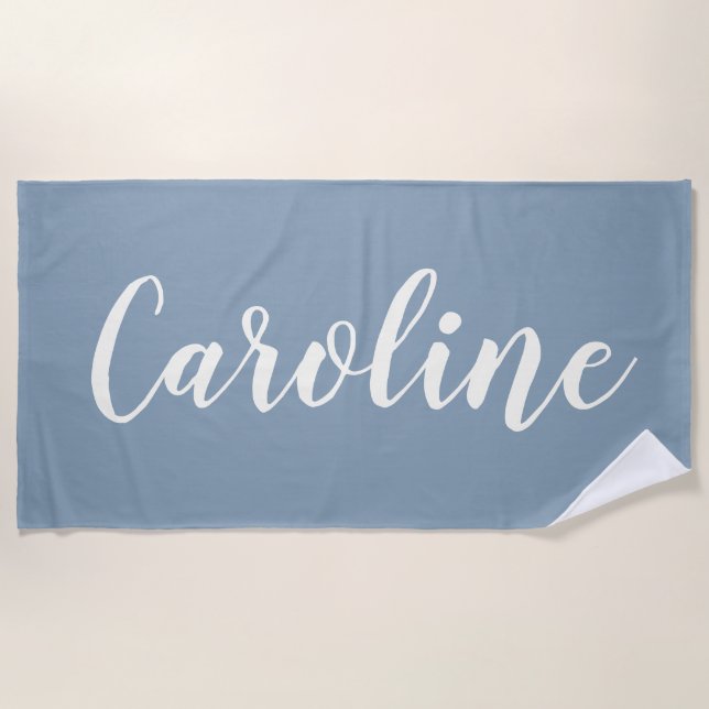 Personalised Minimalist Calligraphy Name in Blue Beach Towel (Front)
