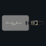 Personalised Minimalist Elegant Script Destination Luggage Tag<br><div class="desc">Add a touch of elegance to every journey with this personalised luggage tag, featuring a custom name in flowing white script on a soft grey background. Clean, minimalist, and effortlessly stylish, it’s perfect for honeymooners, jet-setting bridesmaids, or anyone who loves polished travel accessories. Makes a thoughtful bridal party favour, graduation...</div>