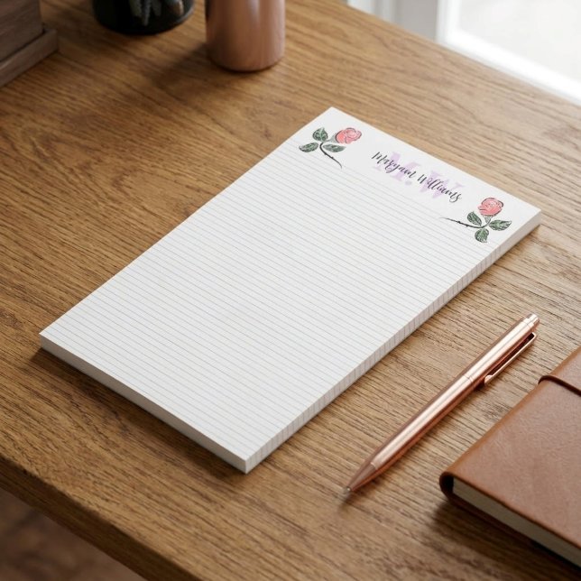 Personalised Minimalist Floral Lined Monogram Name Post-it Notes (personalized lined sticky note pad, custom initial floral memo notes, personalized floral desk stick)