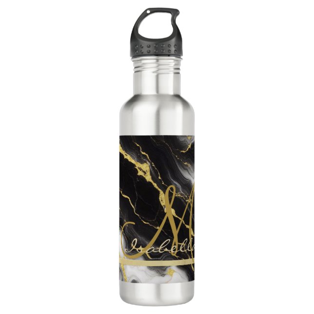 Personalised Minimalist Modern Black Gold Marble 710 Ml Water Bottle (Front)