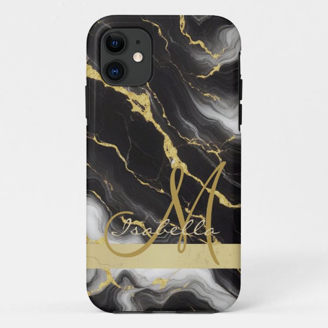 Personalised Minimalist Modern Black Gold Marble Case-Mate iPhone Case (Back)