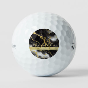 Personalised Minimalist Modern Black Gold Marble Golf Balls