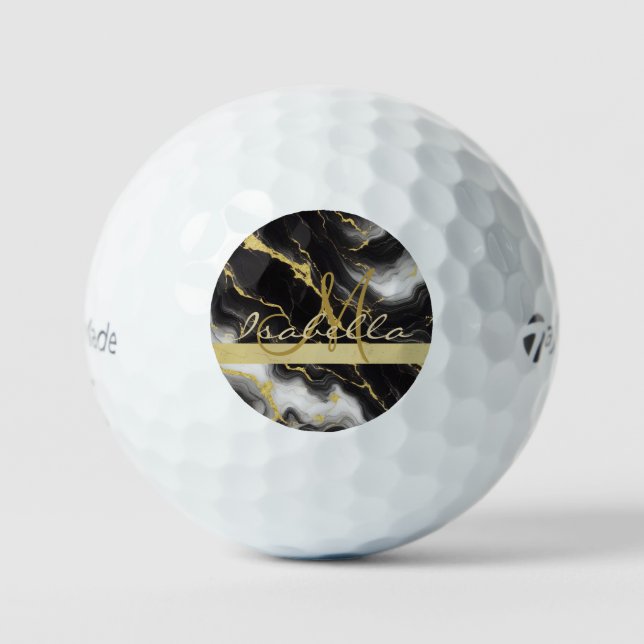 Personalised Minimalist Modern Black Gold Marble Golf Balls (Front)