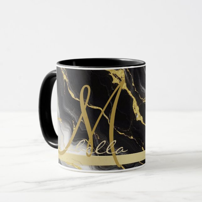 Personalised Minimalist Modern Black Gold Marble Mug (Front Left)