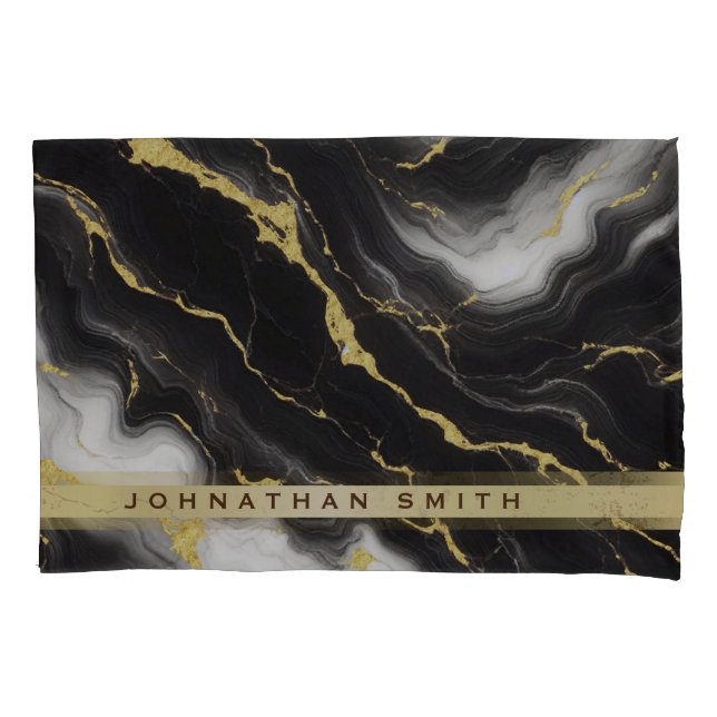 Personalised Minimalist Modern Black Gold Marble Pillowcase (Front)