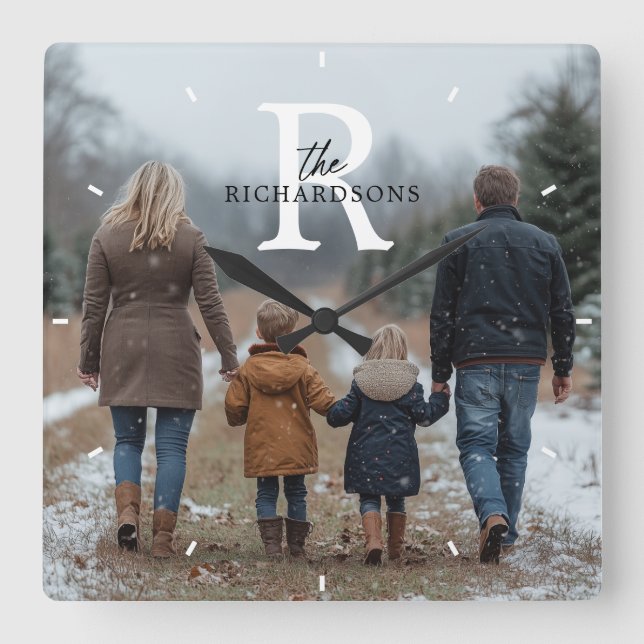 Personalised Minimalist Monogram Name Family Photo Square Wall Clock (Front)