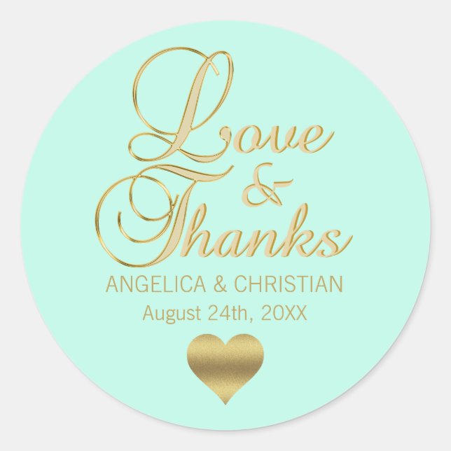 Personalised MINT Gold LOVE & THANKS Wedding Classic Round Sticker (Front)