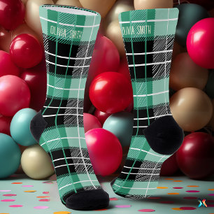 Personalised Mint Green and Black Tartan Plaid  Socks