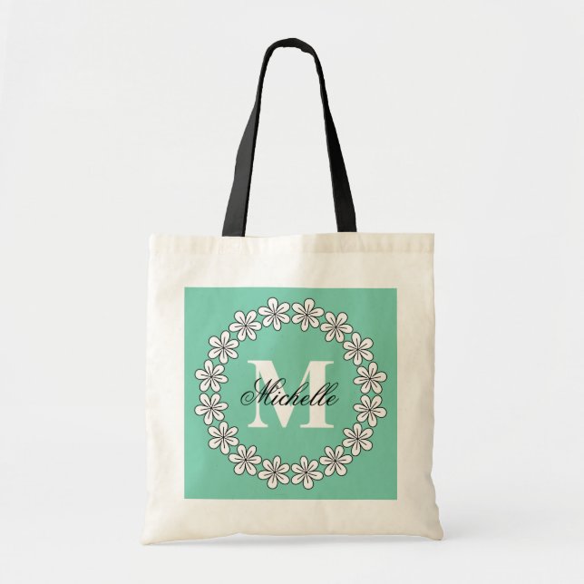 Personalised mint green flower bridesmaid tote bag (Front)