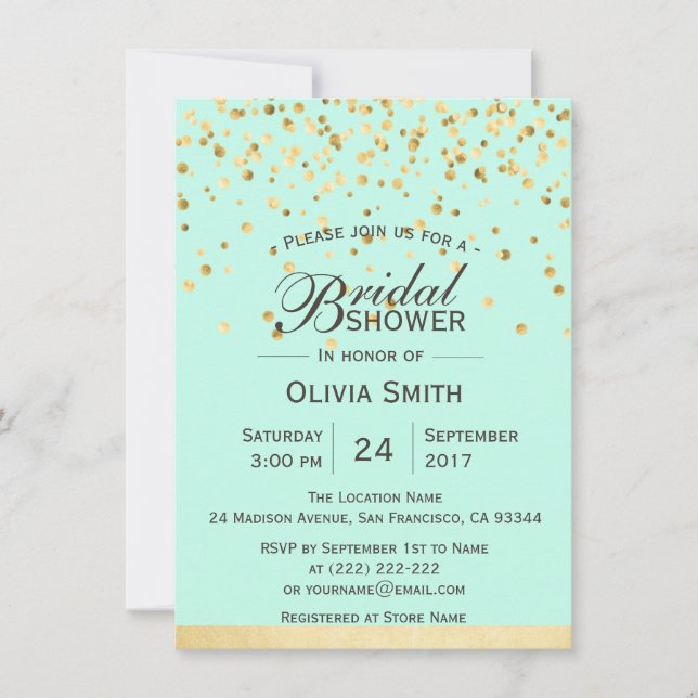 Personalised Mint Green Gold Bridal Shower Invites (Front)