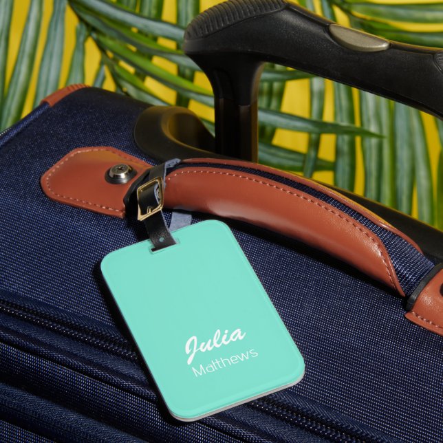 Personalised mint green minimalist luggage tag (Front Insitu 1)